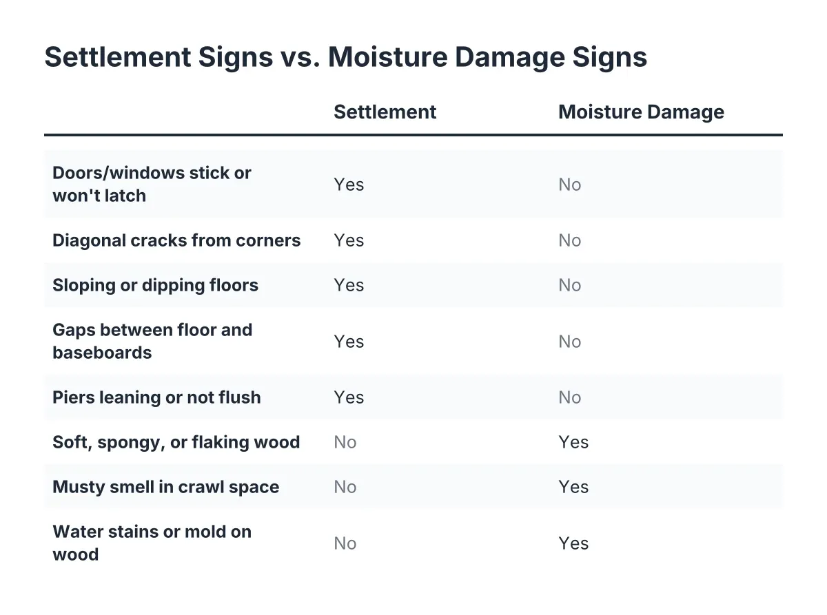 Checklist comparing settlement vs foundation damage signs in a Charleston crawl space