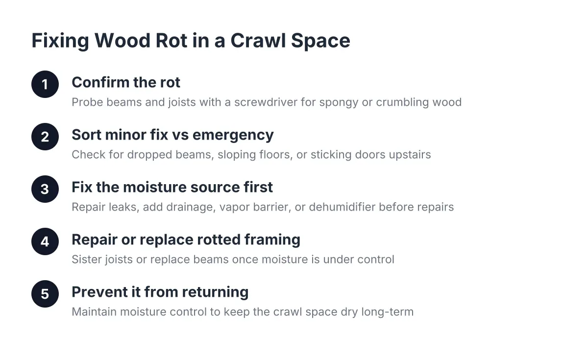 Five-step process diagram for detecting and repairing wood rot in a crawl space