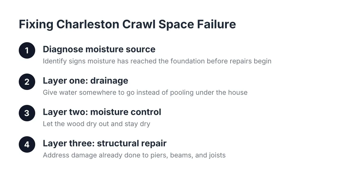 Diagram of three repair layers for pier-and-beam foundation failure in Charleston crawl spaces