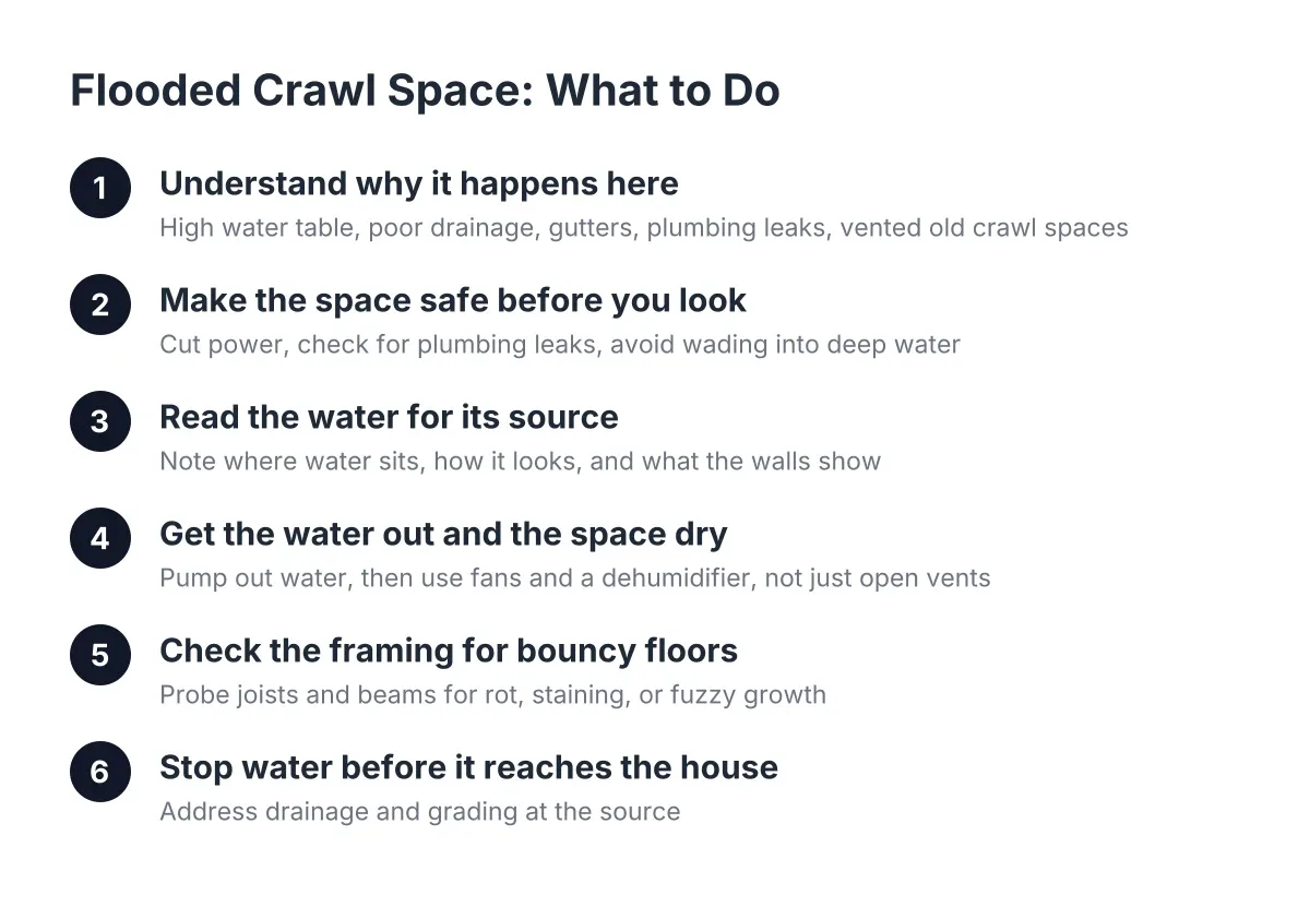Diagram of flooded crawl space steps for Charleston homes, from cause to encapsulation