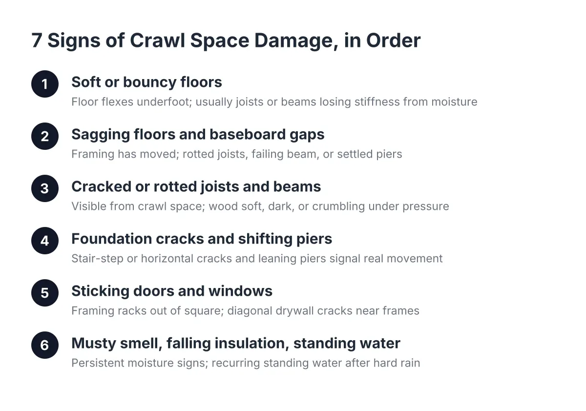 Numbered sequence of crawl space damage signs from mild to severe structural issues