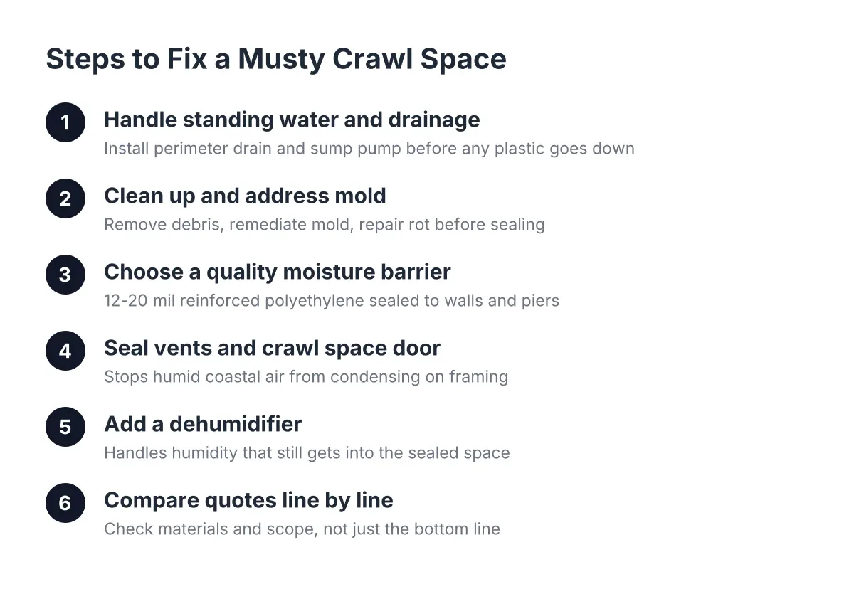 Process diagram showing six steps to fix musty crawl space with barrier and dehumidifier