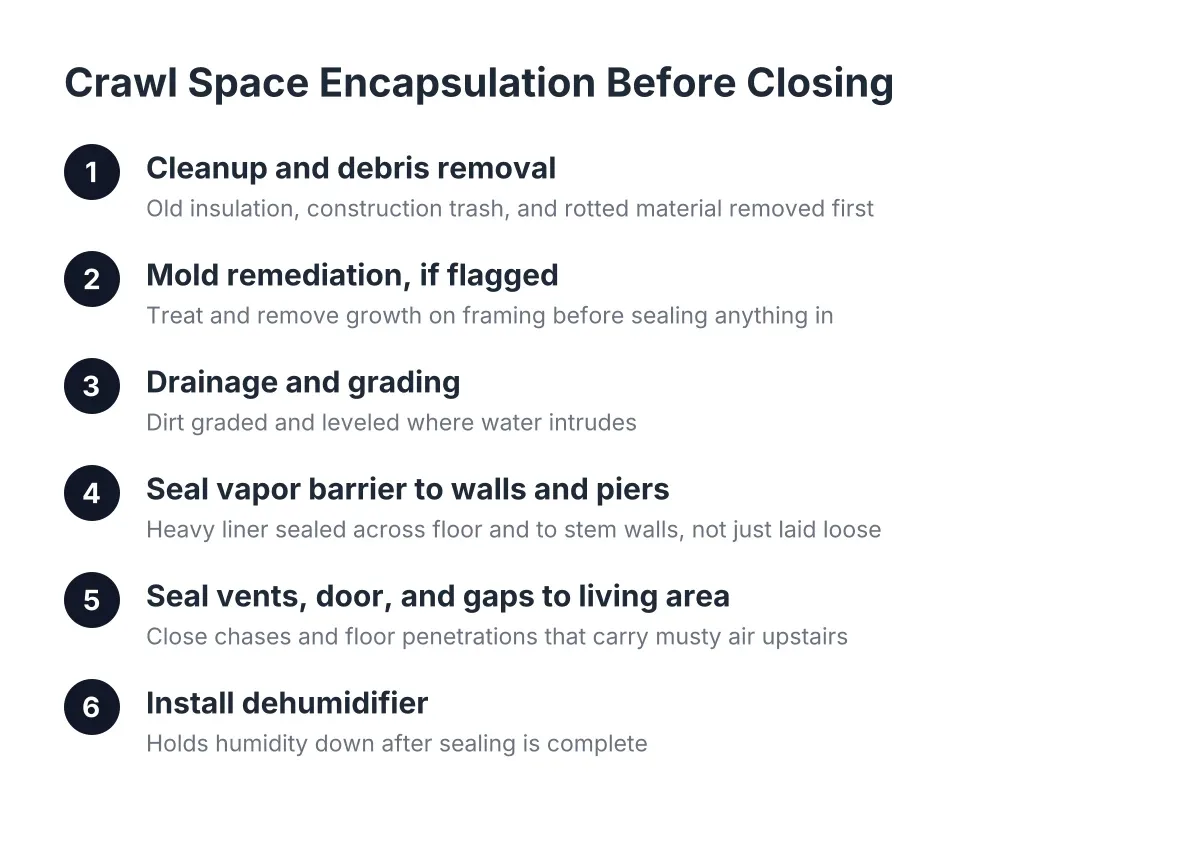 Steps showing crawl space encapsulation before closing on a home sale
