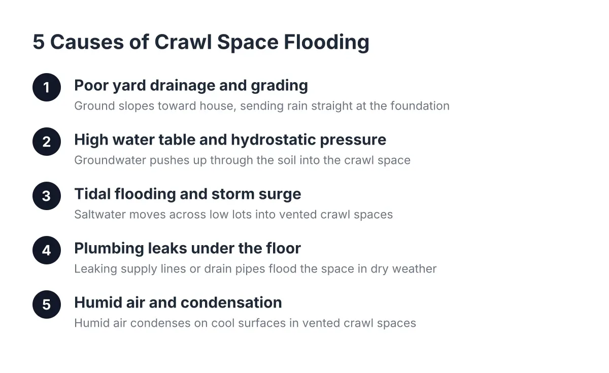 Diagram of five crawl space flooding causes affecting Charleston homes
