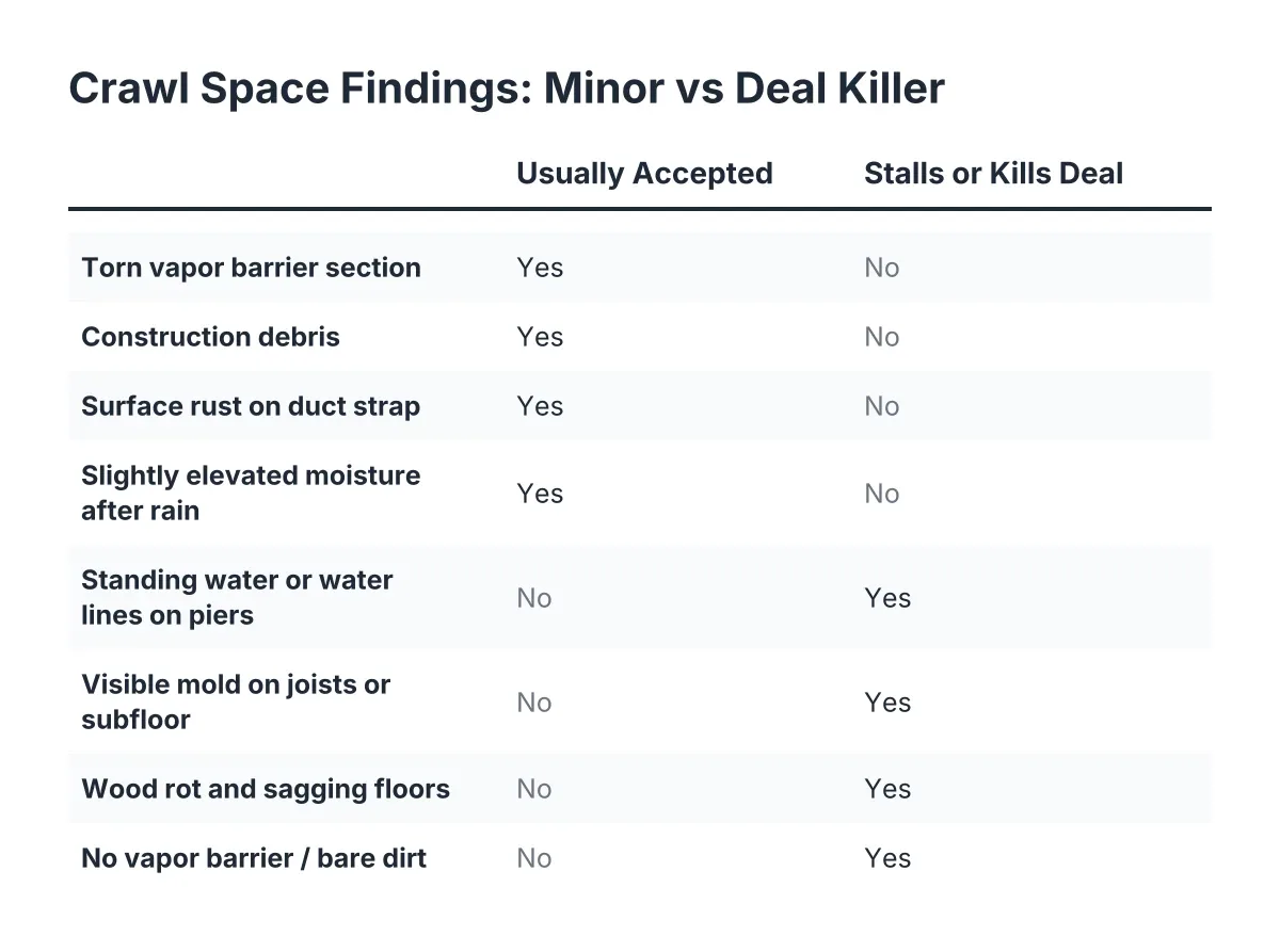Checklist comparing minor crawl space inspection red flags to deal-killing ones