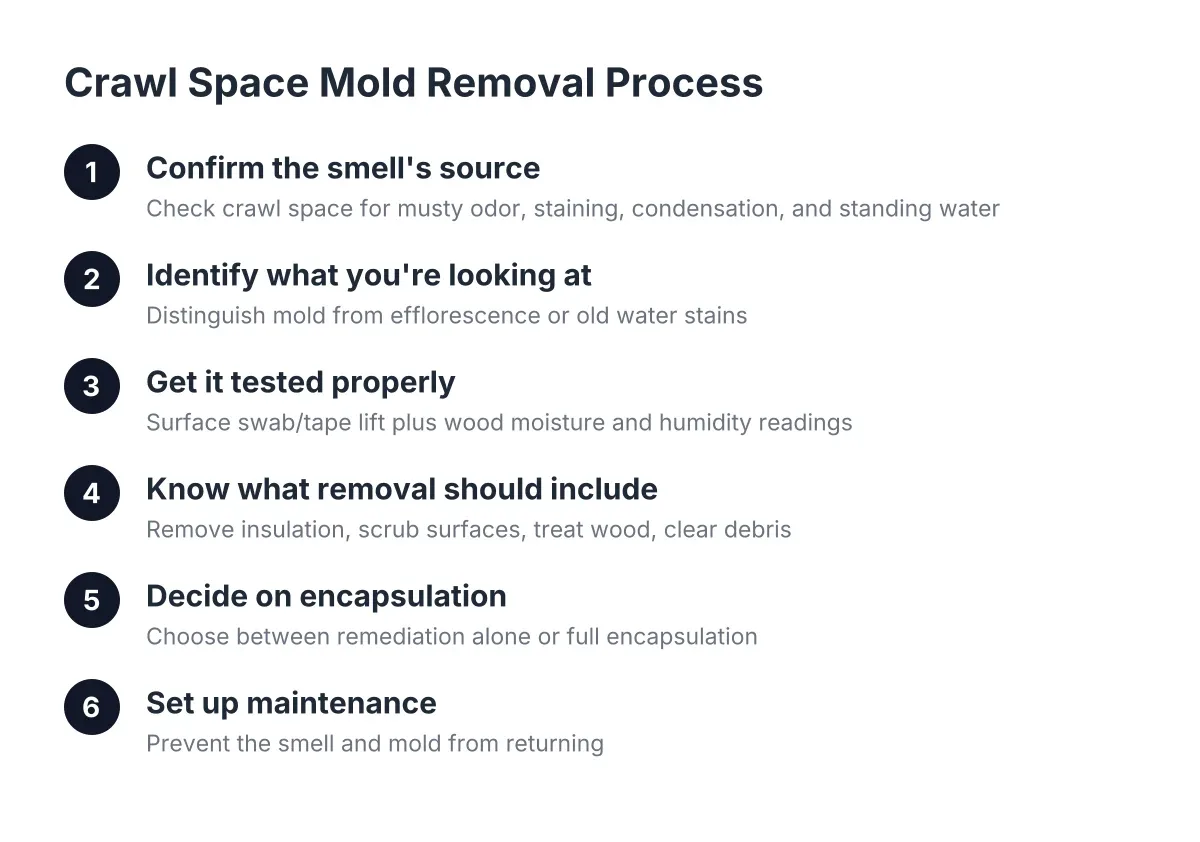 Steps for mold removal near me in a crawl space, from testing to maintenance