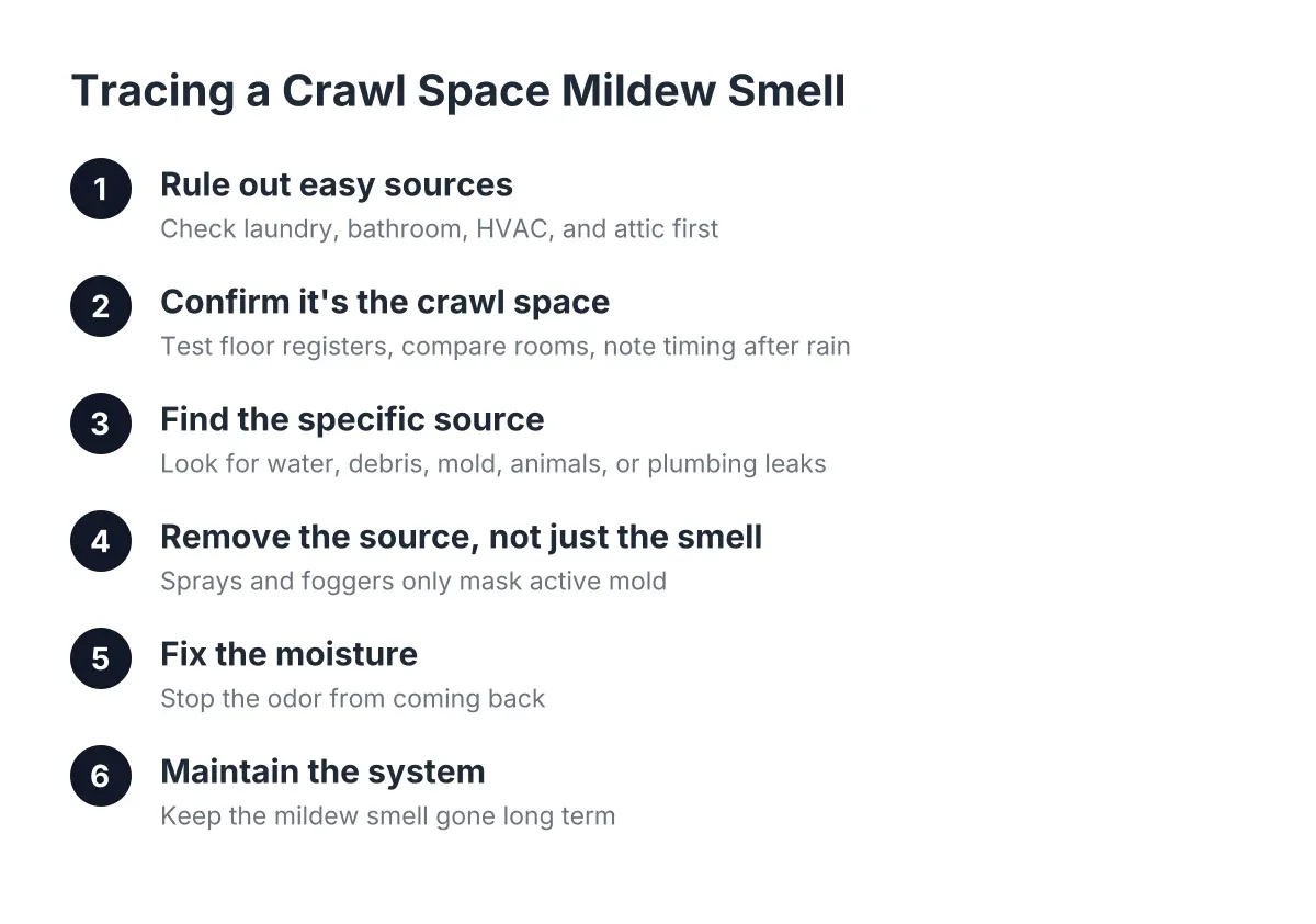 Six-step process diagram for finding and fixing a mildew smell in a crawl space