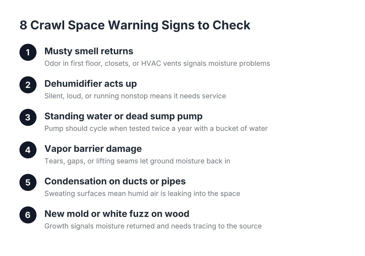 Sequence of crawl space warning signs from musty smell to mold growth